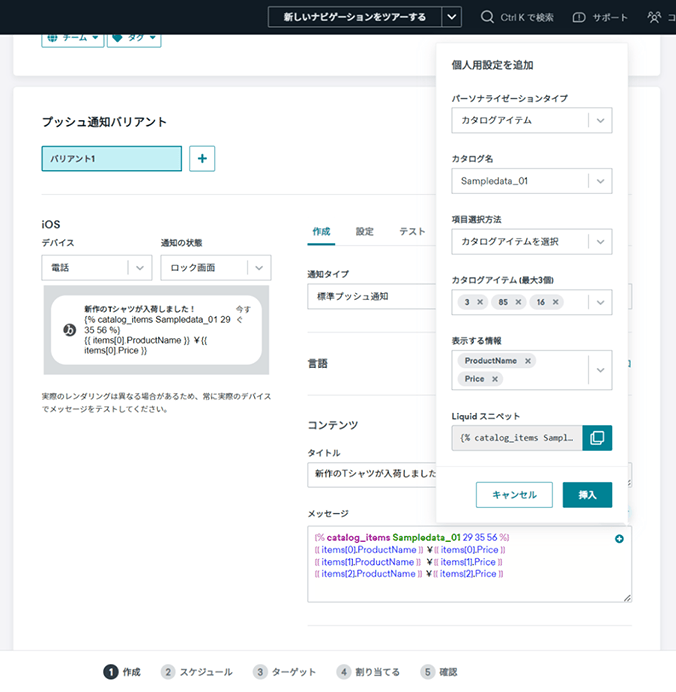 Brazeのプッシュ通知作成画面で「個人用設定を追加」からカタログアイテムを選び、Liquidスニペットを生成する画面