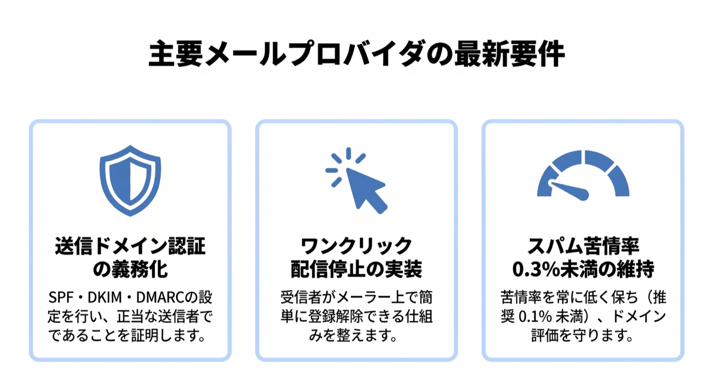 主要メールプロバイダの最新要件：送信ドメイン認証の義務化、ワンクリック配信停止の実装、スパム苦情率0.3%未満の維持