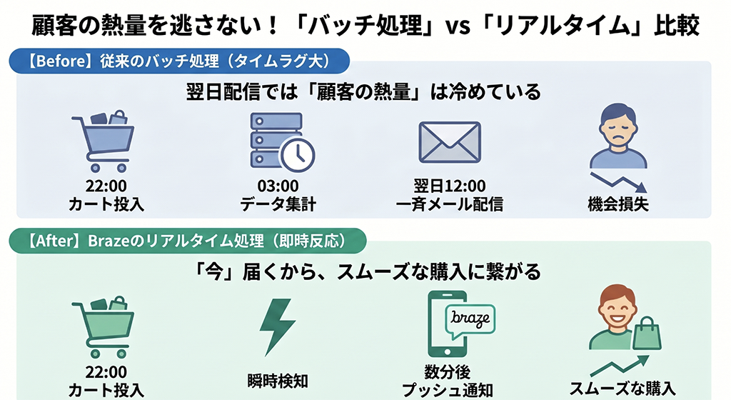 顧客の熱量を逃さない！バッチ処理とリアルタイム処理の比較図